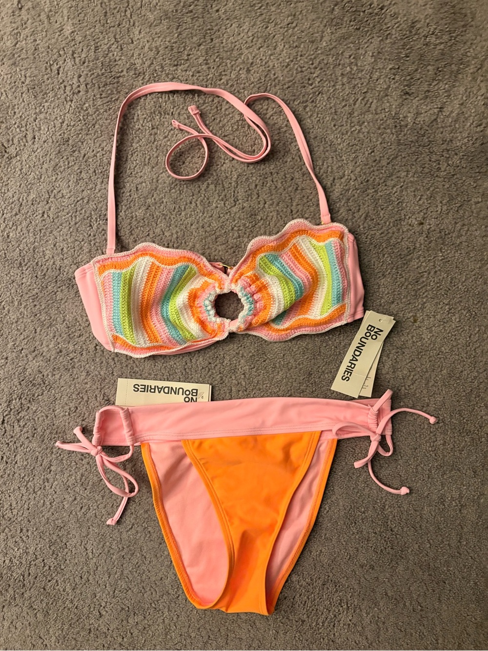 No Boundaries Women/Juniors Pink, Orange & Rainbow Crochet Bikini Set